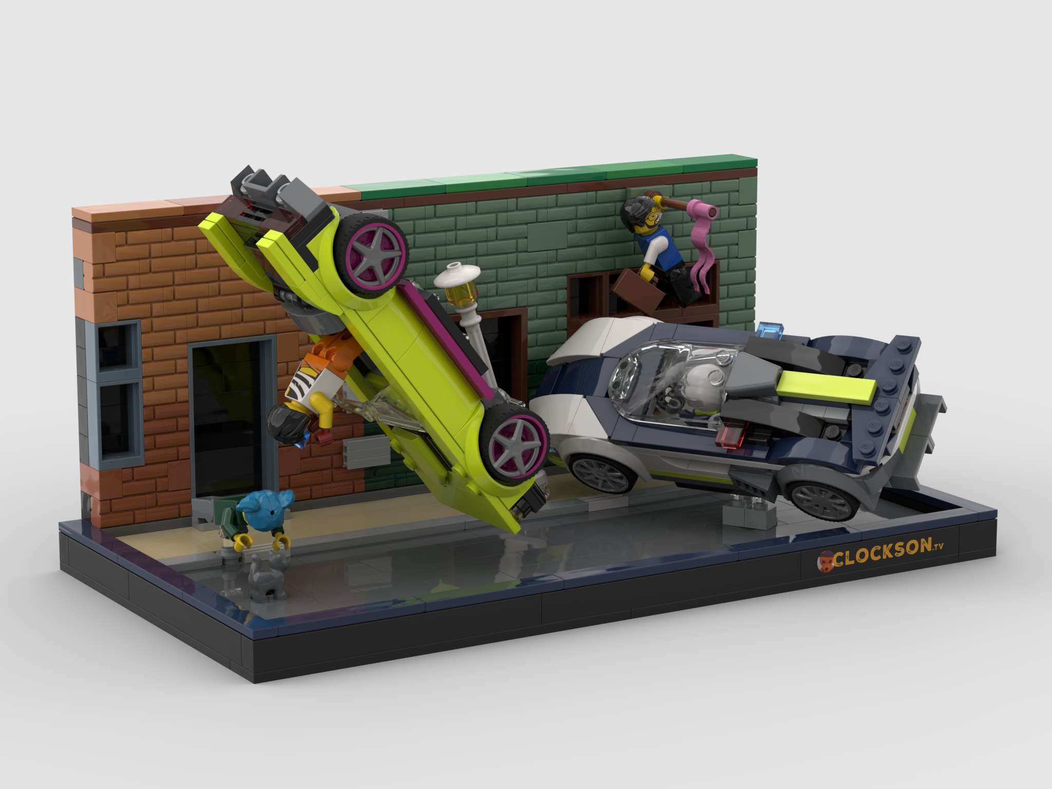 A small LEGO® diorama depicting a car chase that has gone badly because of a cat in the road.